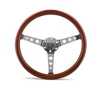Car Steering Wheel,Deep Dish with Horn Button 15inch 380mm Steering Wheel Classic Sport Wooden Grain Silver Brushed Spoke Chrome Steering Wheel Depth 55mm