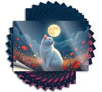 Car Stickers for Men A White Cat Sits in A Field of Flowers Under A Full Moon Sticker 10Pcs Car Stickers Funny Sticker(6X9CM)