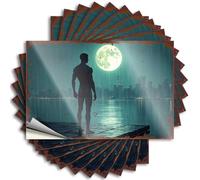 Car Stickers for Men Man Stands On Dock, Moonlit Cityscape in Background Stickers 10Pcs Cave Door Sign Stickers Funny(6X9CM)