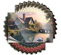 Car Stickers Funny A Picturesque Cottage by A Serene Lake with A Swan Floating On The Water Sticker 10Pcs Funny Signs for Bedroom Car Bandaid Sticker(6X9CM)