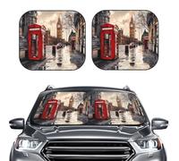 Car Sun Shade Windshield 2-Piece, Red Phone Booth London Street Print Foldable Front Windshield Sun Visor Sunshade for Car Windshield, S