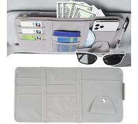 Car Sun Visor Organizer, 31 x 15.5 cm Car Interior Leather Holder, with 9 Pockets and 1 Eyeglasses Clip, Mmultifunctional Storage Bag for Sunglass, Documents, Cards, Pen, Drivers License (Grey)