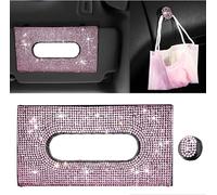 Car Tissue Holder Sparkling Bling Car Visor Tissue Holder Mask Holder Tissue Box PU Leather Crystals Tissue Case for Women Gilrs with Glitter Hook Clip Bling Car Accessories (Black with Pink Diamond)