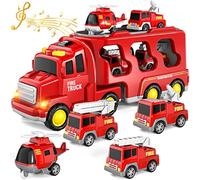 Car Toy Truck for Toddlers Boys Girls 1 2 3 4 5 6 Years Old, 5 in 1 Toddler Trucks Toys for Boys Age 1-3 3-5, Boy Toys Christmas Birthday Gift Car Sets with Light Sound (Fire Truck)
