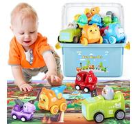 Car Toys for 1 2 3 Year Old Boys, Dinosaur Pull Back Cars For Toddlers, Baby Cars Toy for 12-18 Months, Friction Powered Car Set with Map & Storage Box, Birthday Gifts For Baby Boy Girls