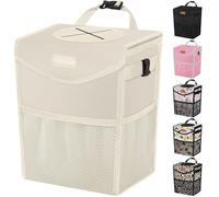 Car Trash Can with Lid, Cute Leakproof Car Trash Garbage Bag Hanging Vehicle Trash Bin Small Portable Automotive Garbage Cans Organizer for Back/Front Seat/Console(2.8 Gallons,Beige