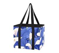 Car Trunk Organizer Reusable Grocery Bags Blue Calla Lily Floral Print Foldable Large Market Tote Bag with Reinforced Bottom & Handles for Picnic Outings, Holiday Travel, 1 Pack