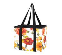 Car Trunk Organizer Sturdy Grocery Bag Red Yellow Autumn Flowers White Extra Large Tote Bag with Long Handles & Hard Bottom for Picnic Outings, Holiday Travel, 1 Pack