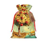 car under fruit trees Printed Christmas Drawstring Bags for Xmas Gift Wrapping, Red Christmas Ribbon, S