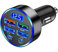 Car USB 6 in 1 45W Super fast Charger, 12-24V in Car Chargers Cigarette Lighter Socket, 30 Minute Car Charger Digital Display Monitor for I-Phone, i.OS, Android Smartphones Charging Multi Charges
