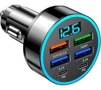 Car USB 6 in 1 Super fast 30 minute Car Charger, USB C Cars Charger 12V/24V USBs Socket 300W Quick Charge Fast Cars Chargers Adapter for iOS, Android Smartphones, Multi charge 3X Times Faster (PD)
