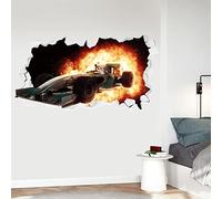 Car Wall Sticker - Race Car Flames Broken Wall Decal Art (120cm Width x 65cm Height)