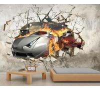 Car Wallpaper Silver Sports Car Breaking Through The Wall Wall Paper Mural Flames Girl Wallpaper Grit Flying Wall Paper for Living Room Bedroom Mural Poster 500X350cm