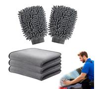 Car Washing Kit - 5 Pcs Microfibre Car Cleaning Set with 3x Ultra-Soft Drying Cloth (600GSM) & 2x Wash Mitt, Dual-Sided Chenille Gloves for Auto Care, Washing, Polishing & Waxing, 40x30cm