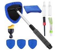 Car Window Cleaner Kit with Interio Brush - 180° Rotating Head Extendable Windscreen Cleaner Inside & Outside, 4 Reusable Washable Pads for SUV RV Truck Car Demister & Dash Cleaning (11 pcs)