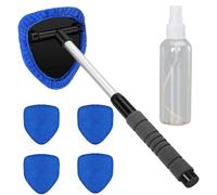 Car Windscreen Cleaner Tool, Windscreen Glass Cleaner Kit Wipes Car Window Cleaning Brush with 4 Microfiber Pads Windshield Cleaner With Extendable Handle for Auto Glass Wiper (Blue, With Bottle)