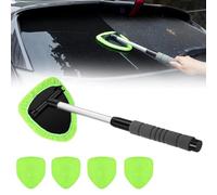 Car Windscreen Cleaner Tool, Windscreen Glass Cleaner Kit Wipes Car Window Cleaning Brush with 4 Microfiber Pads Windshield Cleaner With Extendable Handle for Auto Glass Wiper (Green, Without Bottle)