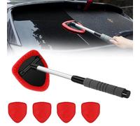 Car Windscreen Cleaner Tool, Windscreen Glass Cleaner Kit Wipes Car Window Cleaning Brush with 4 Microfiber Pads Windshield Cleaner With Extendable Handle for Auto Glass Wiper (Red, Without Bottle)