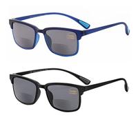 CARA Bifocal Reading Glasses for Men, Flexible and Lightweight TR90 Frame for Women, Sun Reader, Fishing, Outdoor, UV400, Pack of 2, Black and Blue