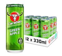 Carabao Energy Drink Green Apple, 12 x 330ml Cans Case, Low Calorie, Lower Sugar, Fizzy Fruit Flavour, Vegan, Gluten Free Drink. B Vitamins, Taurine, Caffeine with Zero Crash, Bulk Crates, Multipack