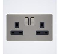 Caradok - The Flat - Screwless 13A 2G DP Switched Socket Metal Brushed Chrome With Black Inserts