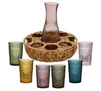 Carafe and Drinking Glasses Set in Woven Water Hyacinth Tray Vintage Style Embossed Tumbler Glasses and Decanter Pitcher Jug Entertaining Glassware Gift Set Kitchen Living Room Gift Idea