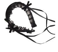caralin Women Ruffled Lace Sweet Headband Steampunk Japanese Style Ribbon Knot Hair Hoop Maid Costume Hair Accessories Black