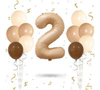 Caramel Brown Number 2 Balloon，32 Inch Self Inflating Brown 2rd Birthday Decoration Foil Number Balloon，10inch Nude Cream Brown latex Balloons for Boys Party Anniversary Supplies