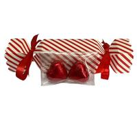 caramel créme filled red foiled chocolate hearts in Christmas cracker sweet box with personalised sticker