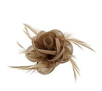 Caramel Rose Net Fascinator with Feathers on Clip & Brooch Pin