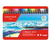 Caran d'Ache Fibralo Brush Pens with Water-Soluble Ink Metal Box 24 Assorted Colours, Fine, Thick Lines, Calligraphy, Bullet Journaling, Writing, Water-Colour, Line Width 0.5 to 5mm, Artist Supplies