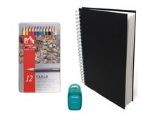 Caran D'ache Pablo Coloured Pencil 12 Colour Tin. With A4 Sketch Pad & Sharpener