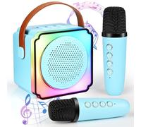 Carastek Children's Karaoke Machine with 2 Karaoke Microphones, Mini Portable Bluetooth Speaker with Voice Changing Effects & LED Light Effects for Party, Gifts for Birthday, Christmas (Blue)