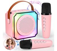Carastek Children's Karaoke Machine with 2 Karaoke Microphones, Mini Portable Bluetooth Speaker with Voice Changing Effects & LED Light Effects for Party, Gifts for Birthday, Christmas (Pink)