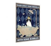 Carastora Vintage Tin Sign - Funny Bathroom Wall Decor, "Wash Away Your Troubles with Some Bubbles", Cat Metal Poster for Home, Cafe, Office, 8x12 Inch
