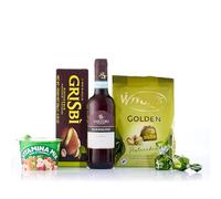 Caravella Fine Food - Gift set "Pistachio n°1" - Bardolino 2023 Italian Red wine 50 cl, Pistachio Milk Chocolates, Chocolate cookies with Pistachio cream, Vitamine mix Crunchy Snack