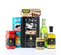 CARAVELLA FINE FOOD Italian Bundle - Penne Rigate Pasta, Puttanesca Sauce, Porcini Olive oil, Tuna & Artichoke Bruschetta, Grilled Mackerel with Olives, Pizza Chips & Lemon Beer - Gourmet Gift