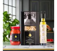 CARAVELLA FINE FOOD Italian Bundle - Riccioli Pasta, Tuna & Olives Sauce, Premum Extra Virgin olive oil - Gourmet Gifts &Tasting sets for Couples Foodies Birthday Christmas Business Anniversary