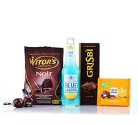 Caravella Fine Food - Italian Food Gift "Chocolate Noir" - Blue Lagoon Non-Alcoholic Cocktail, Dark chocolates with ground cocoa beans, Soft coffee cream cookies, chocolate bar with orange cream