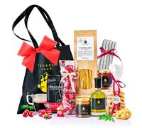 Caravella Fine Food "Profumi di Venezia" Italian Gourmet Gift - Capellini Pasta Wild Boar Ragout Olive Oil with Herbs Sunflower Honey Fennel Taralli Ground Coffee Cherry Dark Chocolate Tea Towel Bag