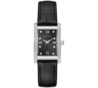 Caravelle by Bulova Ladies' Classic Crystal 3-Hand Quartz Watch, Roman Numeral Markers, Rectangle Case, Curved Mineral Crystal, Black Leather Strap/Stainless, Dress Crystal