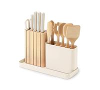 Caraway 14-Piece Kitchen Prep Set - Kitchen Knife Set & Wooden Utensil Set - Made with Premium German Steel Blades & FSC-Certified Birch Wood - Non-Toxic Materials - Includes Organizer - Cream
