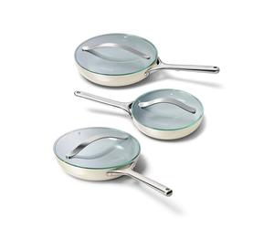 Caraway Ceramic Nonstick Fry Pan Set with Glass Lids - Includes Two 10.5” Fry Pans, One 8” Fry Pan, & Three Lids - Non Toxic, PTFE & PFOA Free - Oven Safe & Compatible with All Stovetops - Cream