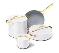 Caraway Cookware+ Collection - Specialty Cookware Set - Petite Cooker, Stir Fry Pan, Rondeau, & Stock Pot - 3 Lids & Storage Organizer Included - White