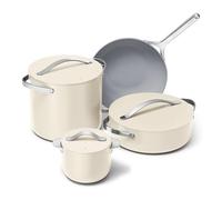 Caraway Cookware+ Collection - Specialty Cookware Set - Petite Cooker, Stir Fry Pan, Rondeau, & Stock Pot - 3 Lids & Storage Organizer Included - Cream
