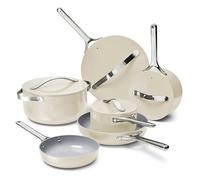 Caraway Deluxe Nonstick Ceramic Cookware Set (16 Piece) Pots, Frying Pans, Lids and Kitchen Storage - PFAS & PFOA Free - Oven Safe Ceramic Pan Set & Compatible with All Stovetops - Cream