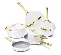 Caraway Deluxe Nonstick Ceramic Cookware Set (16 Piece) Pots, Frying Pans, Lids and Kitchen Storage - PFAS & PFOA Free - Oven Safe Ceramic Pan Set & Compatible with All Stovetops - White