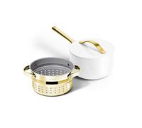 Caraway Nonstick 3 Qt Ceramic Sauce Pan with Lid & Steamer - Non Toxic, PTFE & PFOA Free - Oven Safe & Compatible with All Stovetops (Gas, Electric & Induction) - White