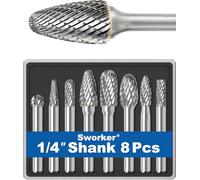 Carbide Burr Set 1/4" Shank 8PCS w/Wood Base Die Grinder Bits Rotary Rasp File Kits Accessories Attachments for Metal Welds Concrete Stone Wood Steel Plastic Carve Deburr Grind Engrave Polish