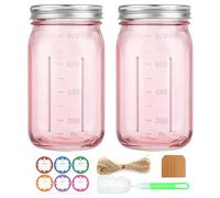 CARBLIN 2 Pack Mason Jars 32 oz, Pink Wide Mouth Canning Jars with Airtight Lids, Glass Pint Jars with Bands Labels Brush, Large Storage Quart Jars for Jam Fermenting Preserving